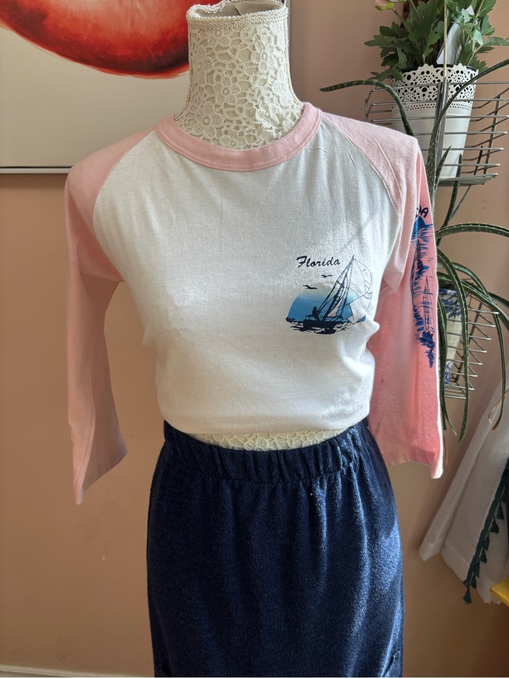 Vintage White & Pink Raglan Graphic Long Sleeve Tee